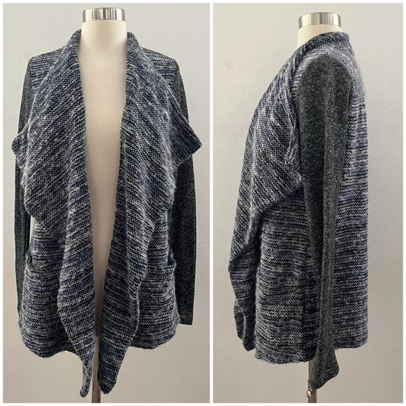 Lucky Brand Open Front Tweed Cardigan Sweater Mixed Media Draped Blue Medium - Picture 1 of 12